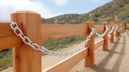 Obraz premium Wooden Fence with Silver Chain Link Along Scenic Pathway in Nature Surrounded by Green Hills and Blue Sky