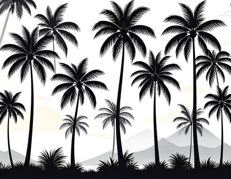 Silhouette of palm trees against a mountain range and a light sky