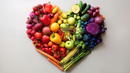 rainbow. Colorful heart-shaped arrangement of fresh fruits and vegetables, symbolizing health and vibrancy. menu design.