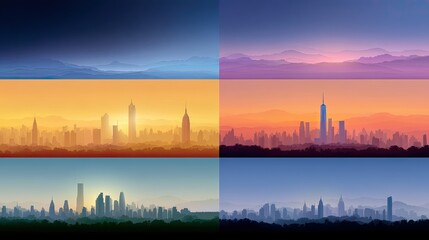 Naklejka premium Vibrant Cityscape Silhouette at Dusk with Colorful Sky Over City Skyline and Mountains in Background