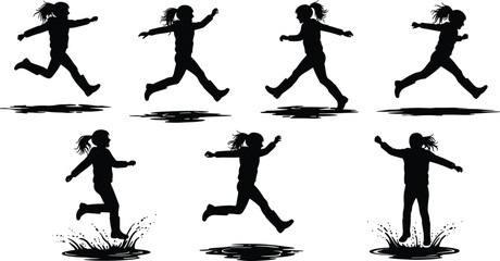Silhouette of young girl jumping, running, and playing in water puddles, isolated background, childhood fun, active lifestyle, outdoor activity
