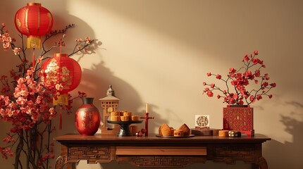 mid autumn festival background with traditional decoration with copy space  