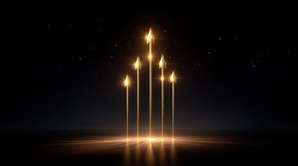 Glowing Golden Arrows Emanating Bright Light Against Dark Starry Background in Digital Art Display