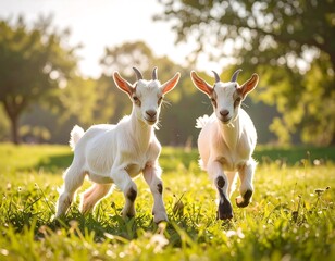 Obraz premium Two young goats frolic in a sunlit meadow