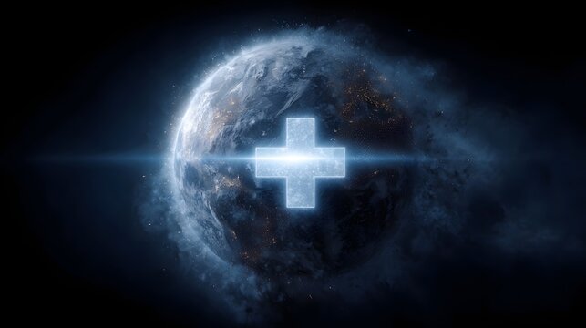 A glowing blue health symbol hovers over planet Earth in a digital space environment symbolizing global care - Powered by Adobe