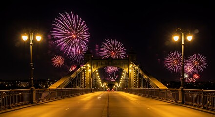 Fireworks exploding over bridge at night during a festive celebration
