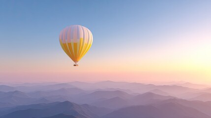 Colorful Hot Air Balloon Soaring Above Serene Mountains During Sunrise in Calm Sky