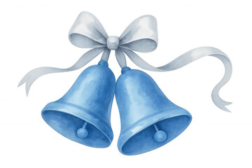 Blue watercolor wedding bells with white ribbon bow, celebrating marriage, baby shower, or special event