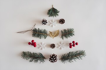 Minimalist Christmas Tree Composition with Pine Branches, Cones, Berries, and Decorative Snowflakes Arranged on a White Background