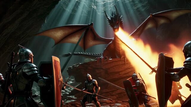 A dragon breathing fire at knights in armor in a cave with light streaming in from above the dragon