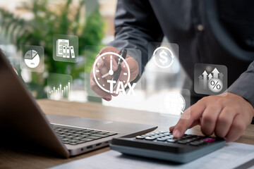 Tax Management and Annual Tax Payment Concept, Businessman Calculating Income Tax, Reviewing Financial Documents, Corporate Tax Filing, Digital Accounting System, Financial Planning, Compliance, Audit