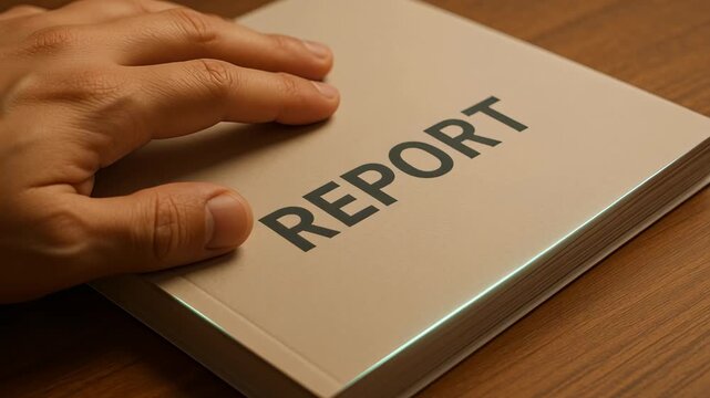 Hand on Beige Book Titled REPORT Emphasizing Organization, Professionalism, and Essential Documentation in Writing and Analysis
