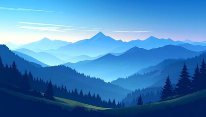 Serene vista of layered blue mountains under a pale blue sky, with a foreground of dark green hills and evergreen trees