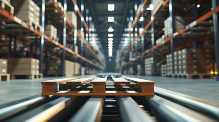 Automated Warehouse Conveyor System Carrying Pallet Through Distribution Center