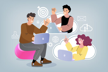 Cloud computing and remote work concept. A diverse team of colleagues collaborates online, using laptops to connect to a shared digital workspace for project management and data storage.