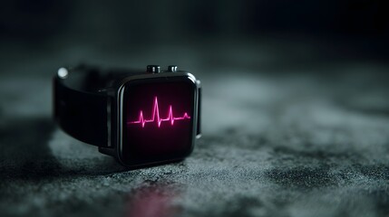 Close up of a modern smartwatch displaying a vibrant pink heart rate monitor graph on its screen set against a dark textured background