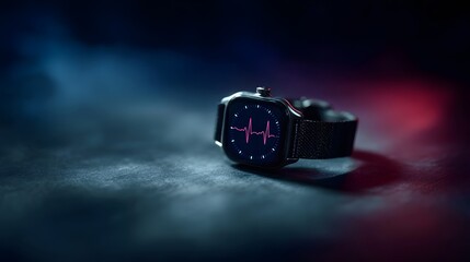 A modern smartwatch displays a pink heart rate waveform on its dark screen set against a moody atmospheric background with blue and red lighting
