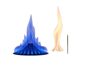 Vibrant deep blue and intense orange controlled flames with a gleaming stainless steel temperature probe, on a seamless transparent background with no shadows. Concept of precision and thermal control