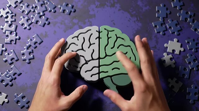 Pair of Light Skinned Hands Assembling Puzzle Brain on Purple Surface with Scattered Pieces Depicting Problem Solving and Neurological Process for Learning and Understanding