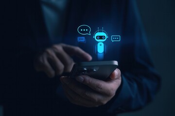 Artificial intelligence chatbot conversation on smartphone screen,user interacting with virtual assistant robot,AI powered customer service automation and digital support solution