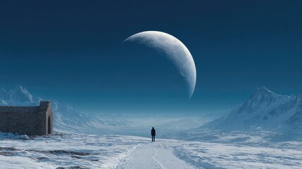 Astronaut standing on cold snowy winter planet concept. A solitary figure stands on a snowy path under a moonlit sky.