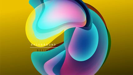 Abstract flowing shapes, vibrant colors, dynamic composition. Background features gradient yellow, black. Text reads background design.