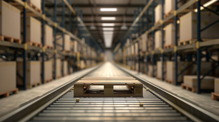 Automated warehouse logistics featuring a pallet on a conveyor system