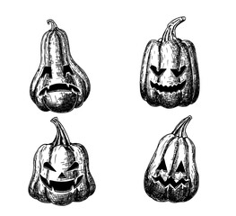 Halloween pumpkins with scary faces. Carved pumpkins with various scary and funny expressions isolated on white background. Traditional Halloween symbol. Hand drawn sketch