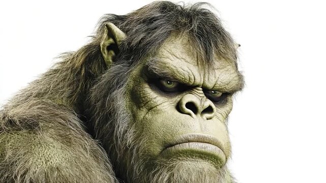 A close-up shot of a gorilla's face against a white background