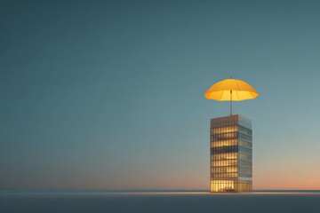 Isolated modern office building with an umbrella icon, symbolizing protection and coverage.
