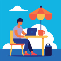 A person working on a laptop computer outdoors at a table under a large umbrella with a suitcase nearby representing remote work or travel