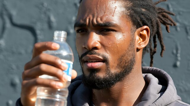 Sweaty african american man holding water bottle after intense workout outdoors today