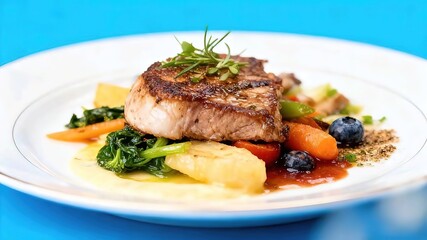 Balanced nutrition grilled tuna with potatoes blueberries vegetables on bright blue background