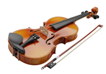 Classic, polished wooden violin, rich brown tones, intricate details, black chin rest, with a bow, angled 45 degrees on a clean transparent background, professional product photography concept