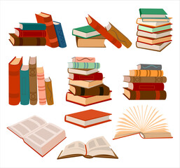 Set of flat books. Open book, Stack of books on a white background. Pile of books. Hardback books composition. Colored cartoon