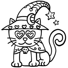 halloween illustration Cute cat in a wizard hat with heart-shaped eyes in doodle line style