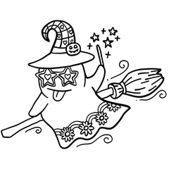 halloween illustration Cheerful ghost in witch hat with broomstick in doodle line style