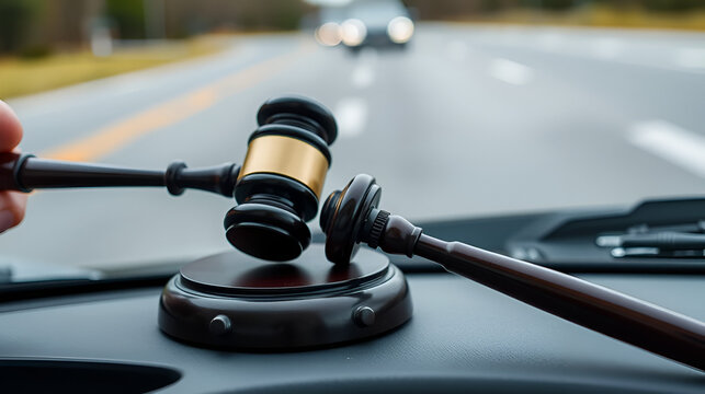 Gavel at Accident Scene, Sideswipe Head-On Collision, Blurred Road Background