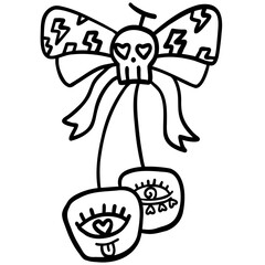 halloween illustration skull bow cherry with playful eyes design in doodle line style