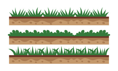 Flat vector grass with soil layers, natural ground landscape elements set