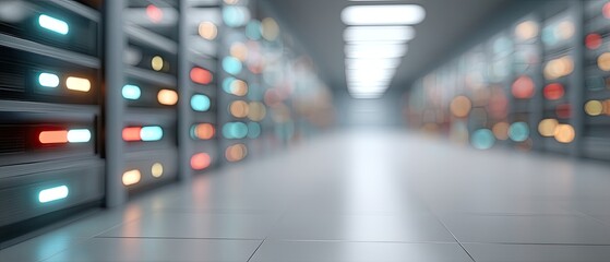 Futuristic Data Center Interior With Illuminated Racks and Blurred Lights In Background