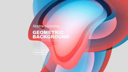 Abstract geometric background features flowing shapes, vibrant colors, text overlay, button. Modern design elements present.