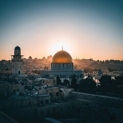 Golden sunrise illuminates the Dome of the Rock, showcasing Jerusalem's stunning architecture and spiritual heritage
