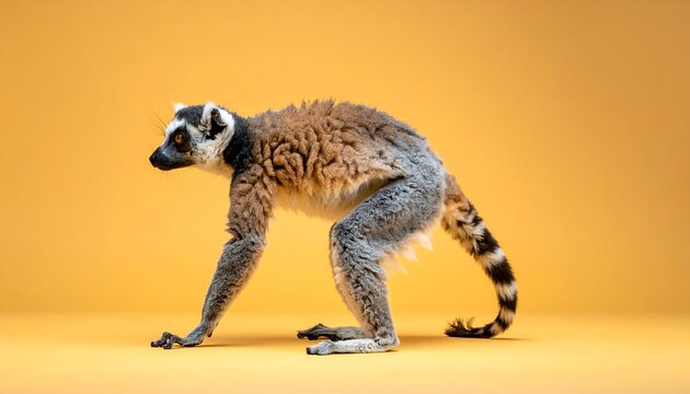 Curious ring-tailed lemur explores with alert eyes against vibrant yellow backdrop