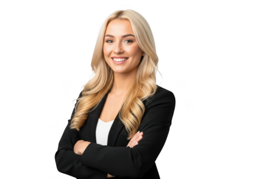 Confident young businesswoman isolated on transparent background, wearing a black suit with her arms crossed, looking at the camera with a smile - Powered by Adobe