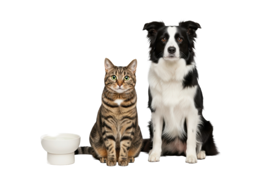 Adult tabby cat and black & white border collie sit poised beside an off-white ceramic water bowl in a high-key studio with a transparent background. Harmonious pet product advertising concept