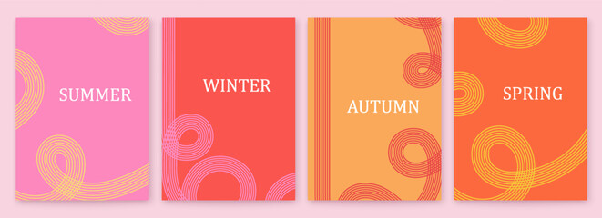 Template abstract summer, fall, winter, spring posters with wavy lines. Modern, minimalist set of covers and banners featuring circular line elements.