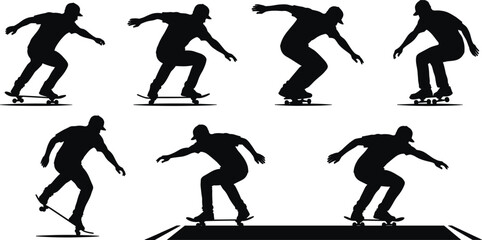 Skateboarder silhouettes performing tricks, street sport, urban lifestyle, skateboarding action, balance movement, black outline, skate park illustration, extreme activity, youth culture