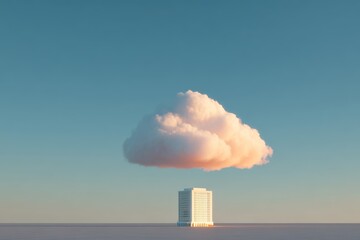 Isolated modern office building with a cloud computing icon, symbolizing data storage and online services.
