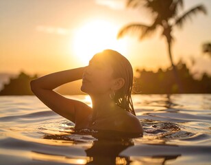 Silhouetted woman in pool at sunset, sun's glow on her face and hair